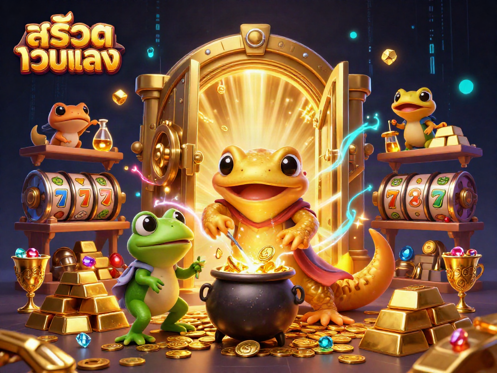 Spin the reels of สล็อตเว็บตรง with a vibrant scene of golden treasures and magical characters.