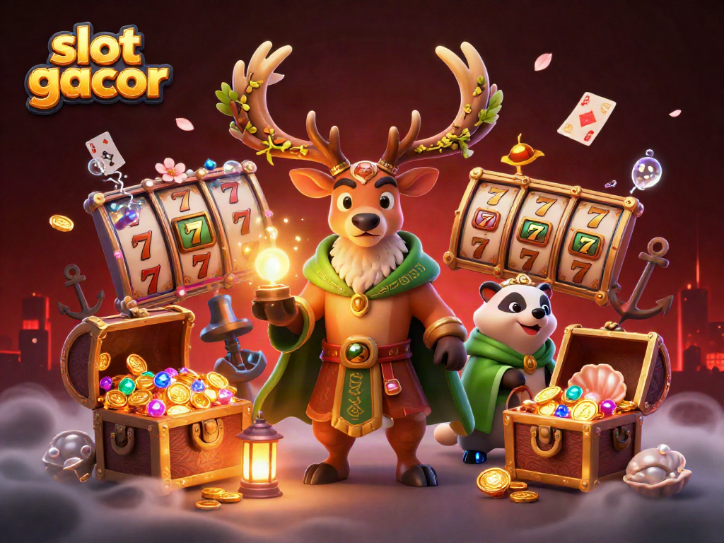 Gambar slot gacor menampilkan karakter cerdas dan elemen kasino di lingkaran mistik.