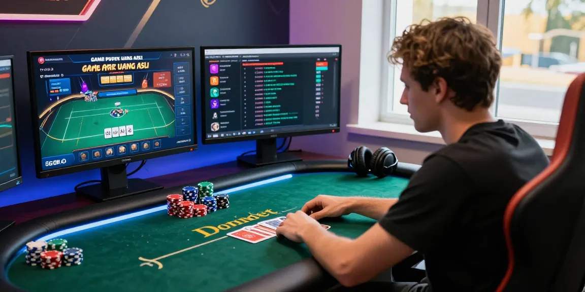 Engaging scene of a player immersed in Game Poker Uang Asli Dominobet at a modern gaming setup.