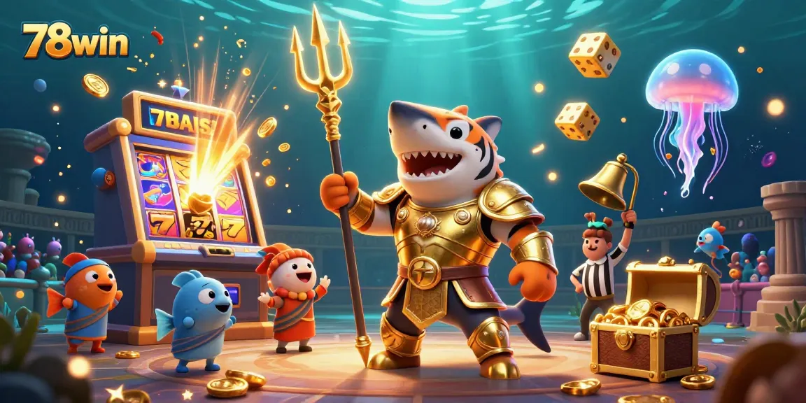 Experience the excitement at 78win with a vibrant underwater casino scene featuring a tiger shark and a massive jackpot.