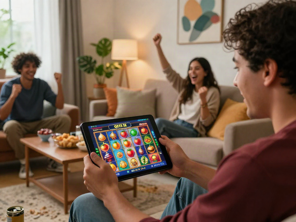 Player enjoying slot qris 5k game on tablet in cozy living room with friends.