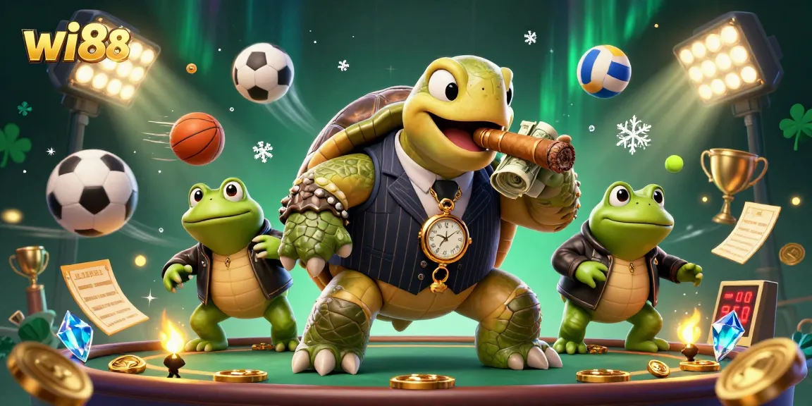 Experience excitement at wi88 with a snapping turtle mobster on a dynamic casino floor scene.