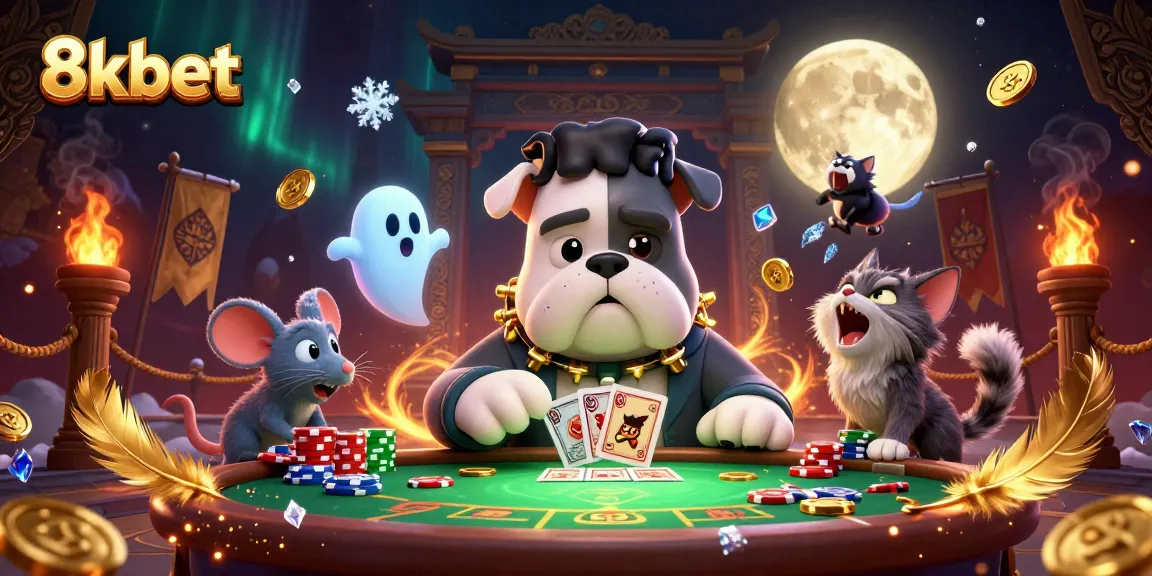 Engage with thrilling games at 8kbet, featuring exotic characters like a card-dealing bulldog and ghostly mouse.