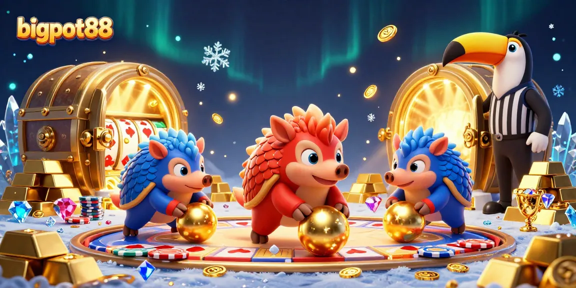 Experience the excitement of bigpot88 as pangolins roll golden balls and poker chips amid dazzling treasures.