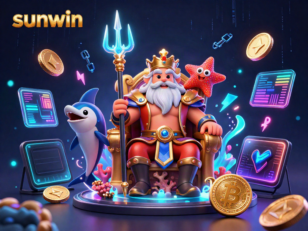 Win big with sunwin as cartoon Neptune reigns over a vibrant digital casino world filled with crypto elements.