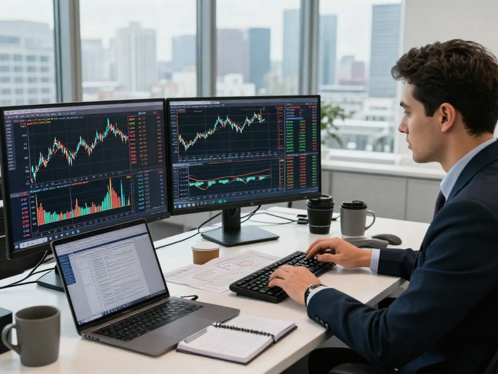 Trader analyzing financial markets with depo 10k data in a bustling office