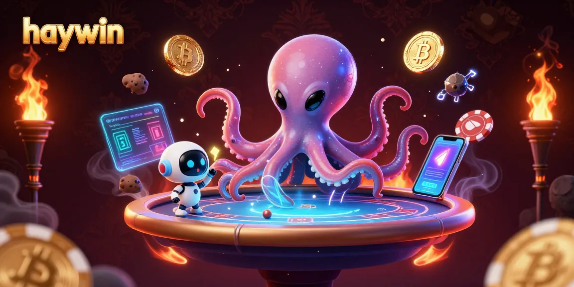 Experience the excitement at Haywin, where a 3D alien octopus engages in thrilling poker, surrounded by cryptocurrency elements.