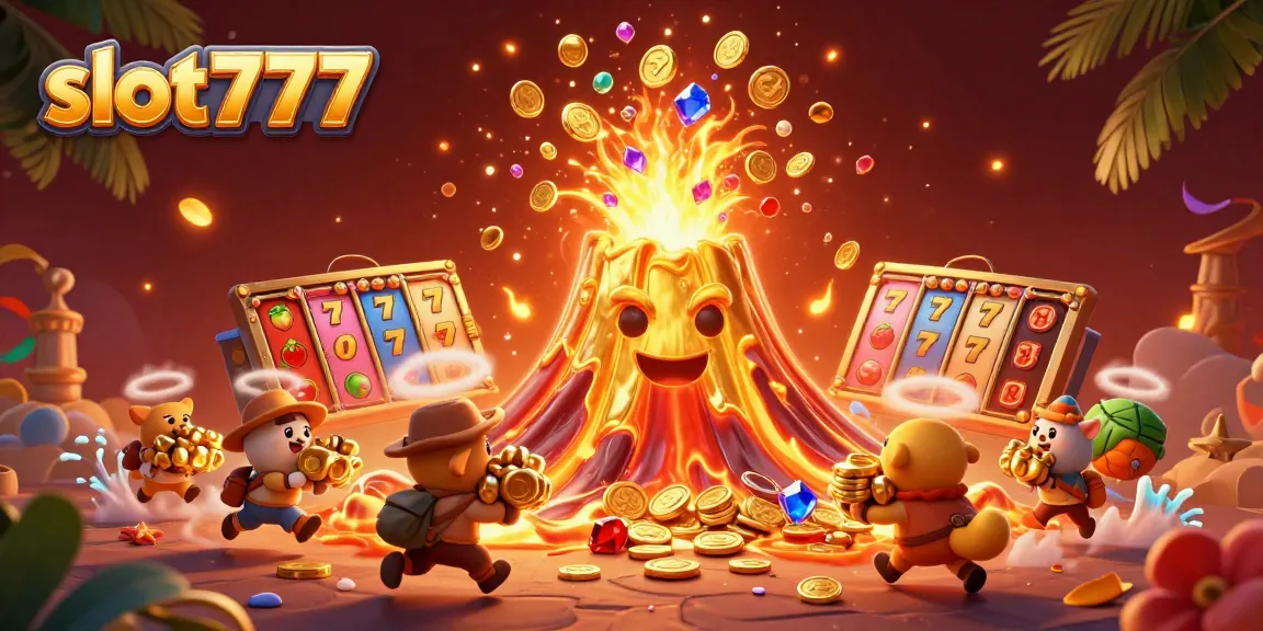 Experience the thrill of winnings with slot777, featuring a golden volcano and treasure-rich scene.