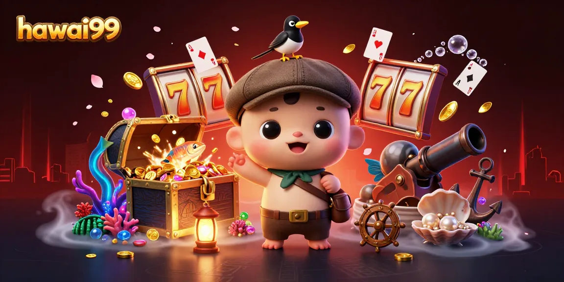 Experience hawai99 gameplay with colorful slot reels and our playful characters in a dynamic casino-themed ocean scene.