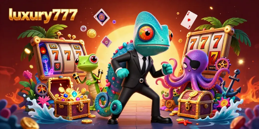 Win big at luxury777 with a colorful scene of a secret agent chameleon and gaming elements.