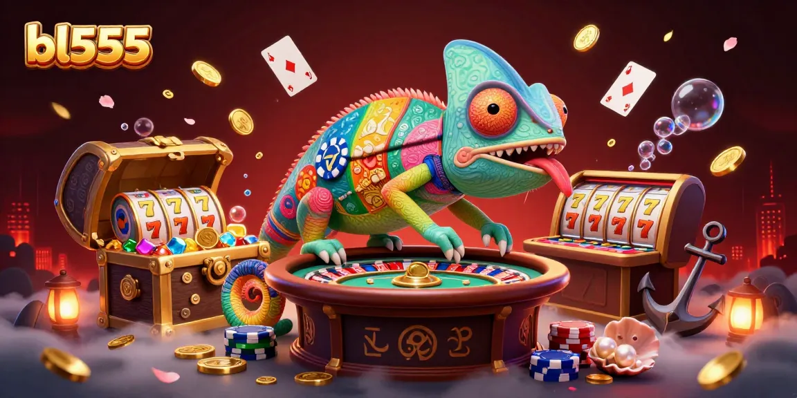 Engage with bl555's dynamic gaming atmosphere featuring a chameleon casino owner and vibrant casino elements.