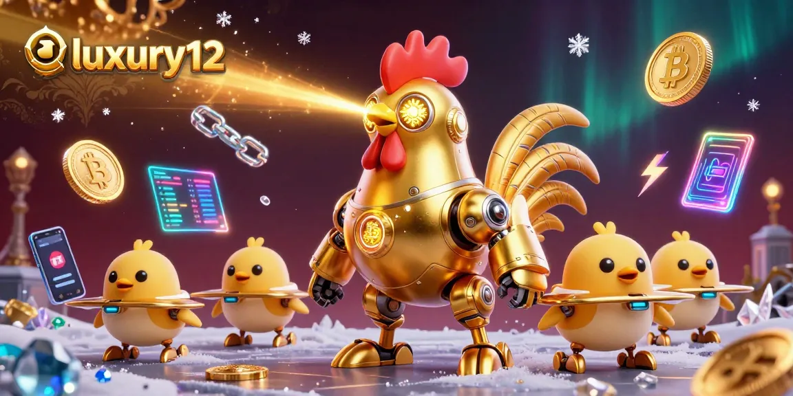 Experience luxury12 with golden rooster robot showcasing crypto coins and patterns in a dynamic 3D casino illustration.