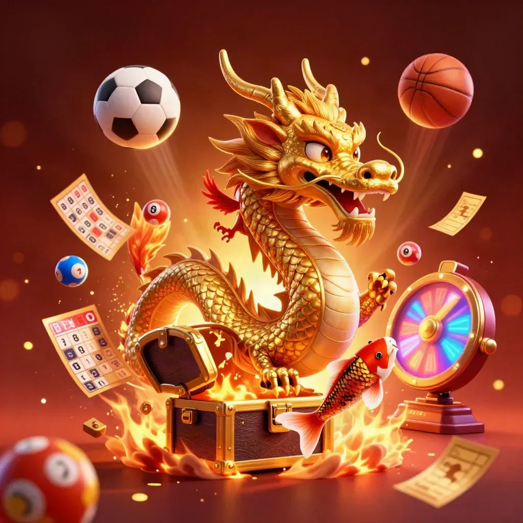 Golden dragon, phoenix, koi and casino game props burst around flying sports balls.