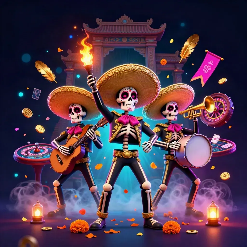 Neon-lit mariachi skeleton trio amid casino magic, coins, roulette wheel, and glowing temple gates.