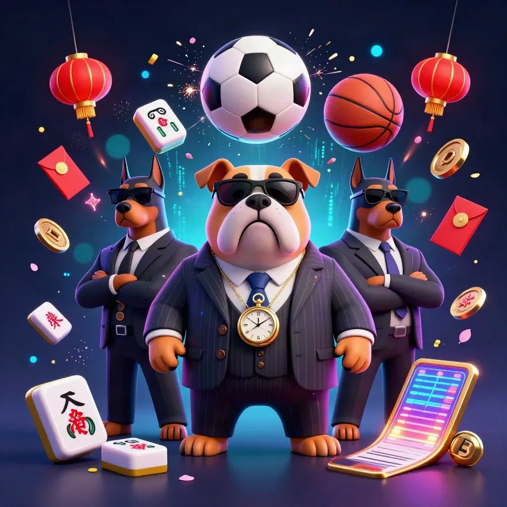 Low-angle neon casino art: bulldog boss and Doberman guards amid sports balls, coins, lanterns, and sparks