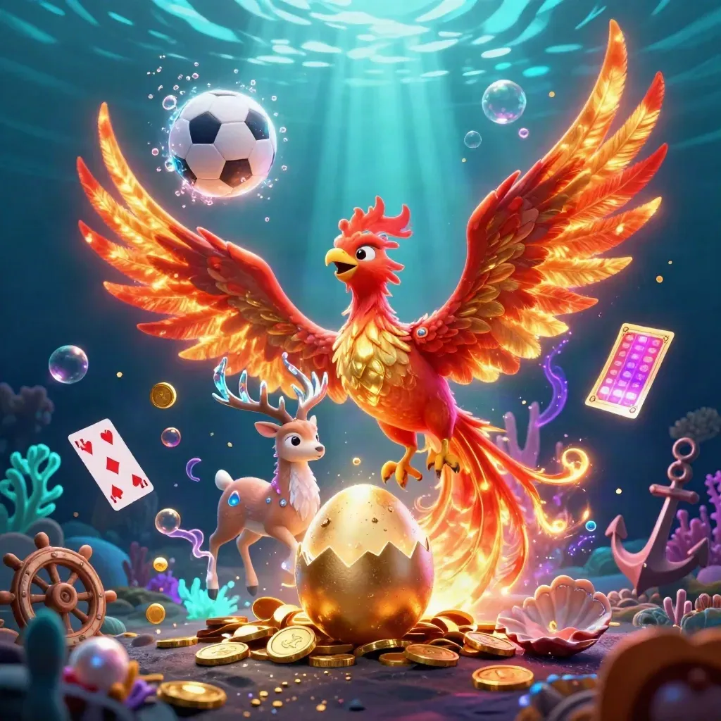 Fire phoenix, baby phoenix, crystal stag, coins, balls, and casino glow in an underwater cove.