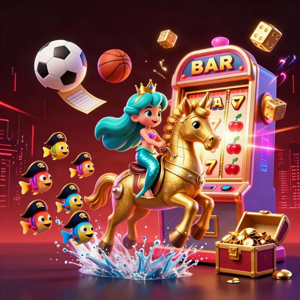 Mermaid princess on armored seahorse amid slot bursts, flying balls, gold, neon casino glow