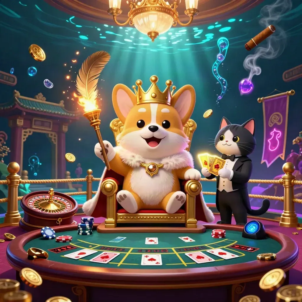 Royal corgi and cat butler in a neon casino under chandelier, underwater glow and gold coins.