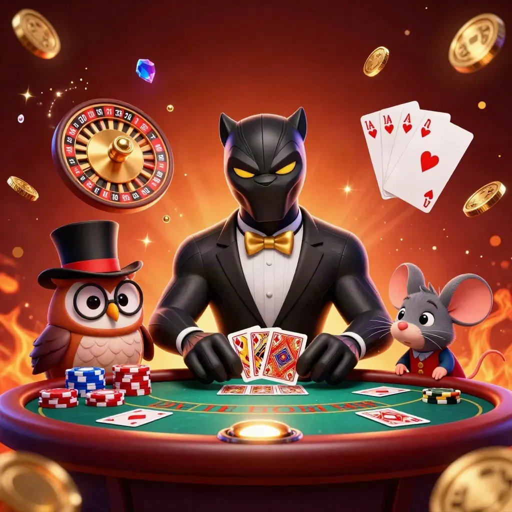 Panther, owl and mouse in a neon casino scene with coins, cards and roulette glow.
