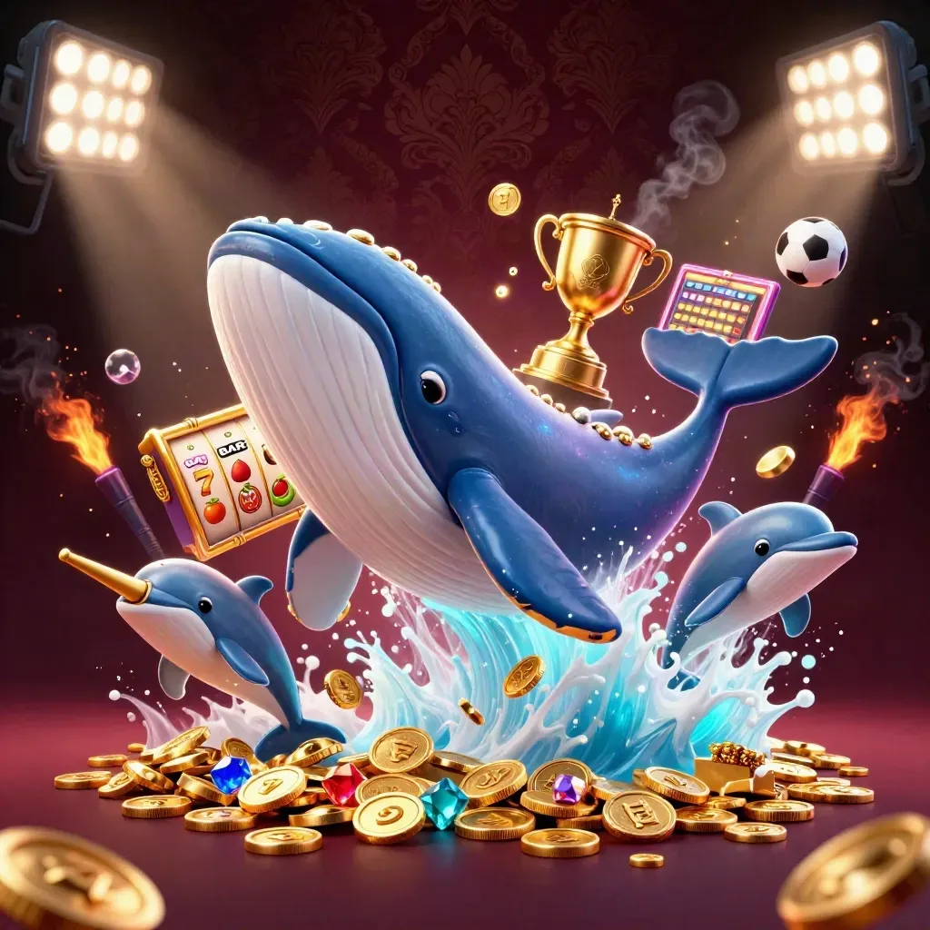 Whale captain, narwhal and dolphins burst through coins with neon casino effects.