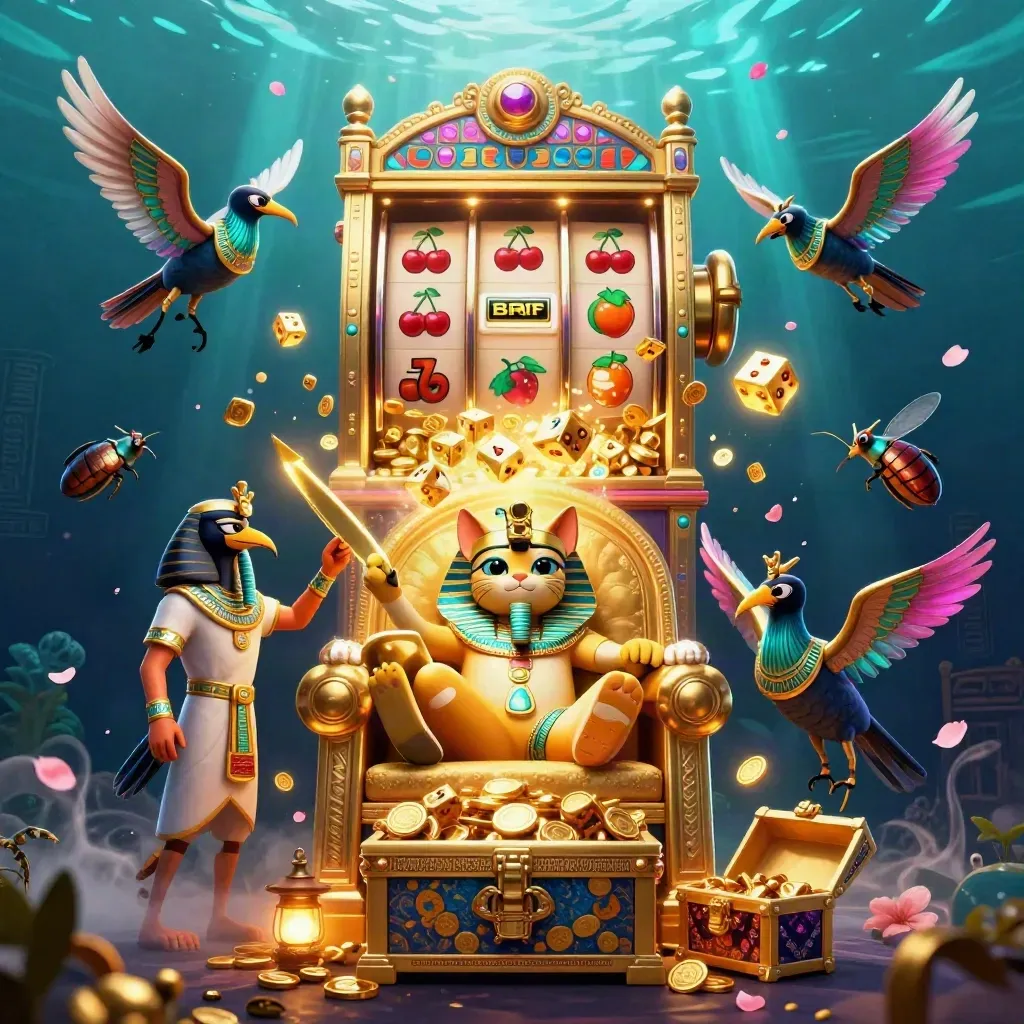 Pharaoh cat, ibis scribe, and scarab beetles amid a bursting slot-machine treasure storm.