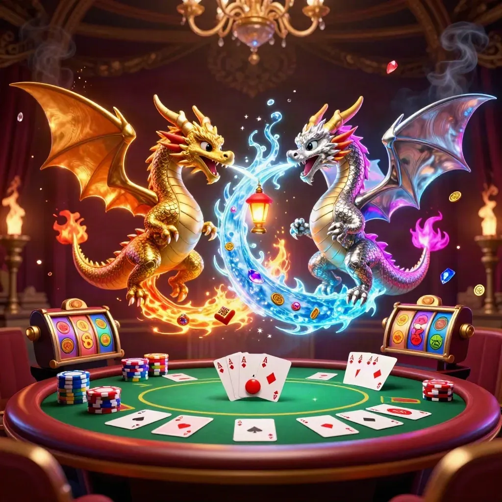 Gold and silver dragons spiral amid casino chips, gems, and neon fire on a dark luxe backdrop.