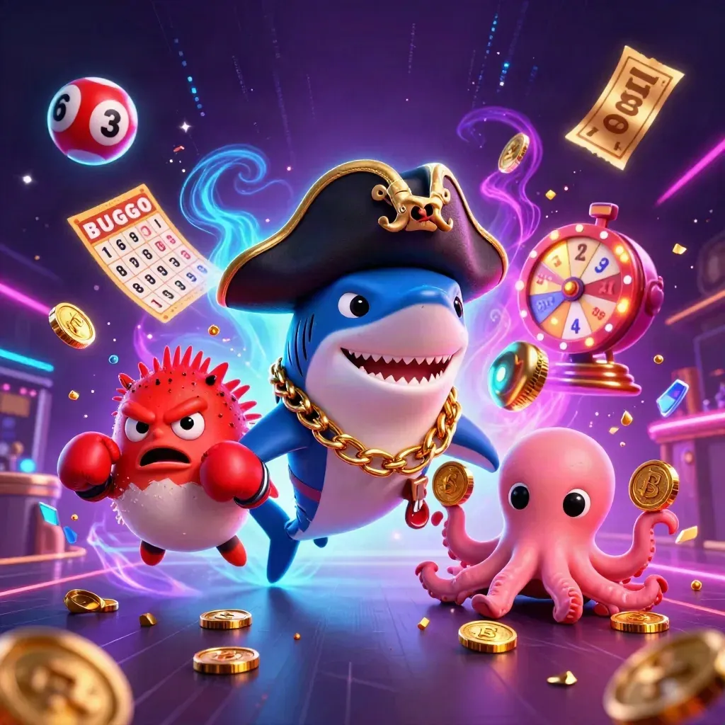 Pirate shark, boxing pufferfish and coin-juggling octopus amid neon casino loot and cyan energy