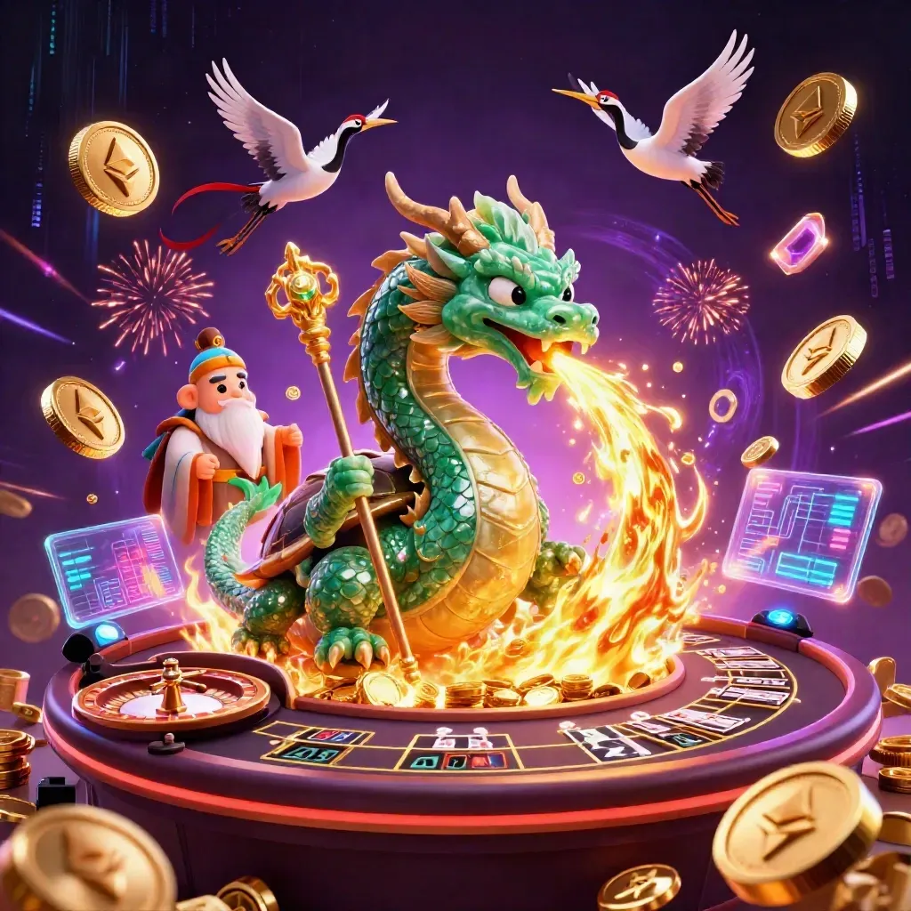 Emerald dragon, turtle sage, and cranes amid exploding coins, roulette, cards, and neon crypto glow.