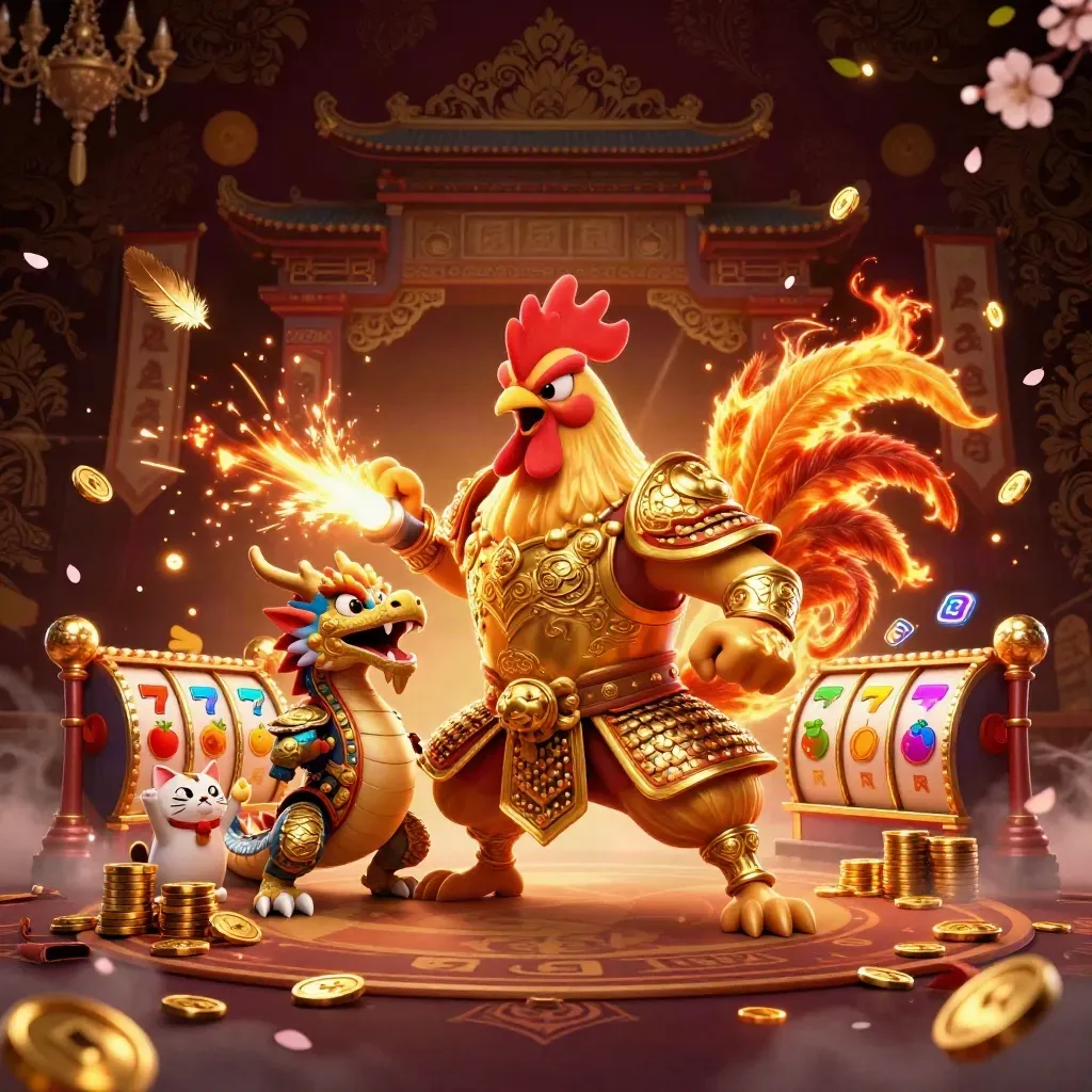 Rooster warrior, dragon hatchling and fortune cat amid neon casino effects and gold coins.
