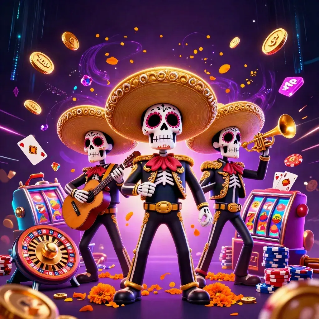 Skeleton mariachi trio amid casino symbols, neon magenta glow, gold coins, and roulette wheel.