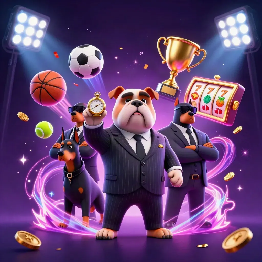 Bulldog boss and two Dobermans amid neon casino sports, coins, reels, and jackpot glow.