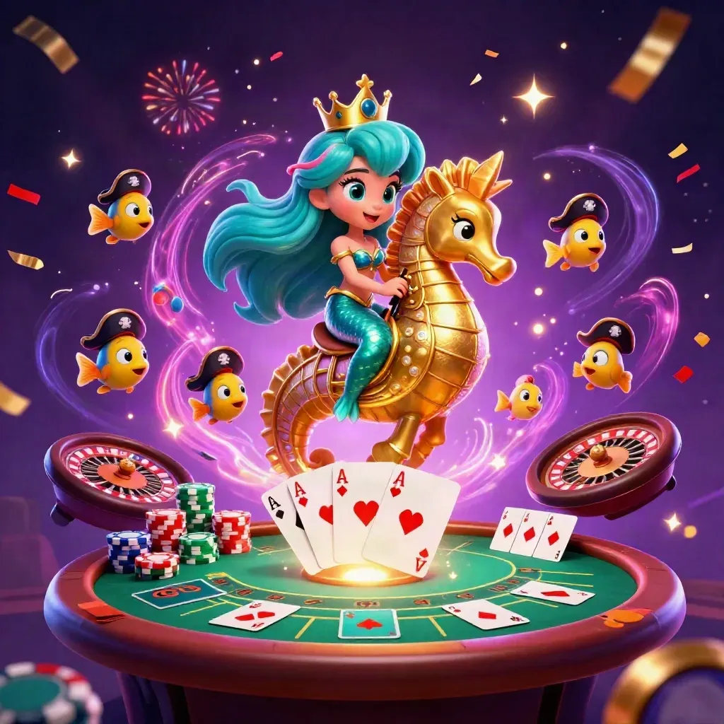 Mermaid princess on armored seahorse amid casino cards, chips, fish, and neon magic.