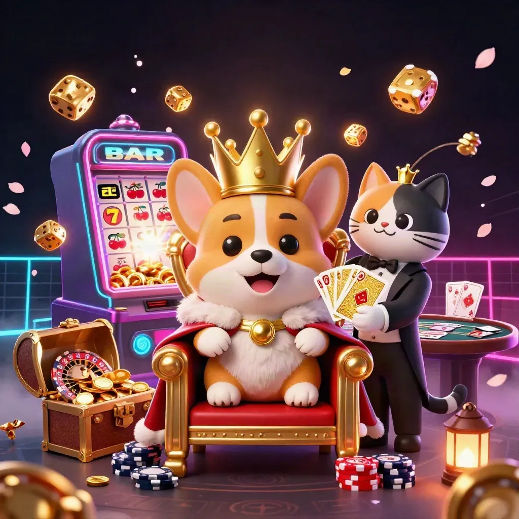 Royal corgi and cat butler amid jackpot bursts, chips, dice, and neon casino glow