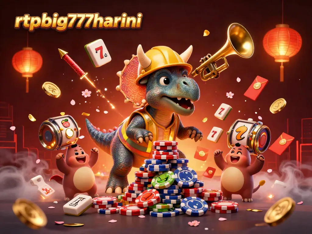 Engage with rtpbig777hariini in a vibrant 3D casino scene celebrating jackpots, slots, and lively characters.