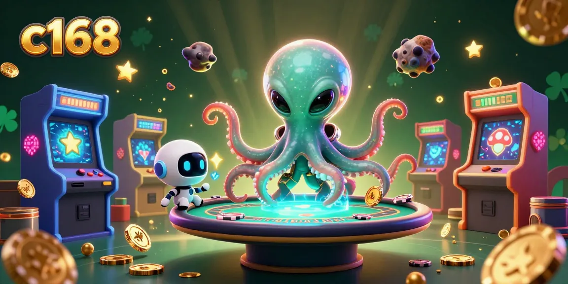 c168 themed 3D casino illustration featuring an alien octopus and robot at a poker table amid sparkling arcade elements.