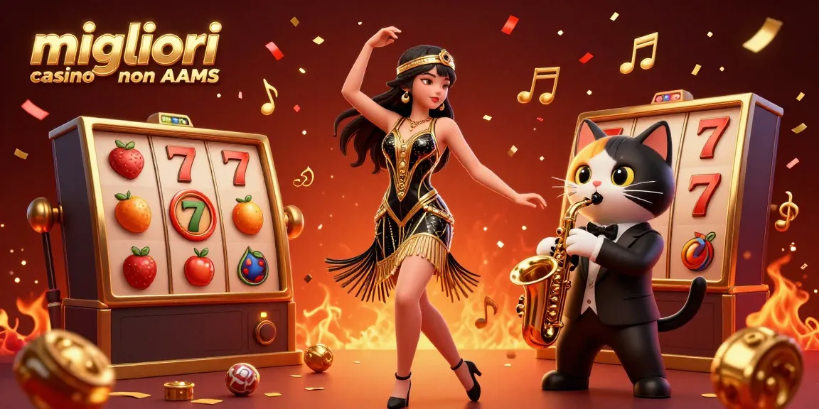 I migliori casino non AAMS mostrano una scena vibrante con una ballerina flapper e un gatto dei cartoni animati tra rulli delle slot e coriandoli.