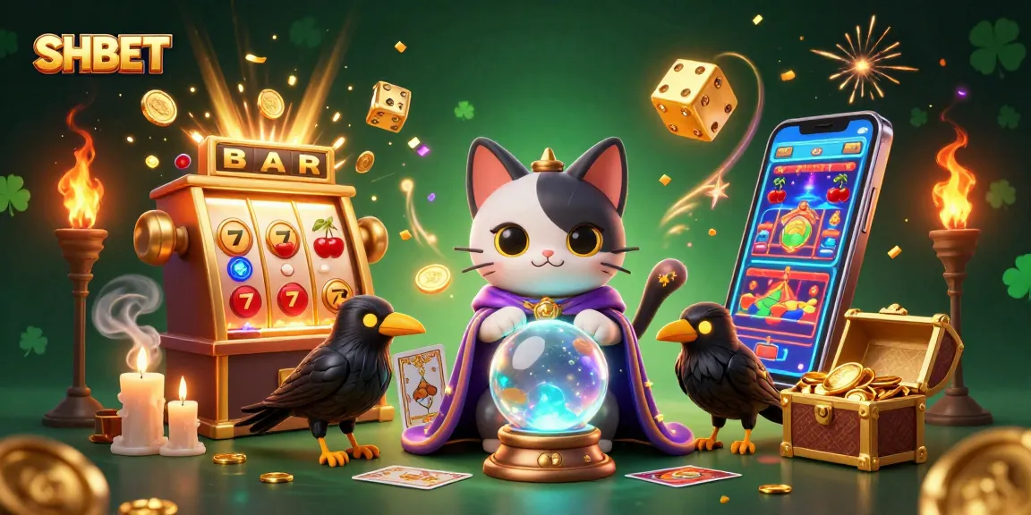 Experience thrilling wins at SHBET with a captivating 3D illustration of a jackpot explosion and mystical characters.