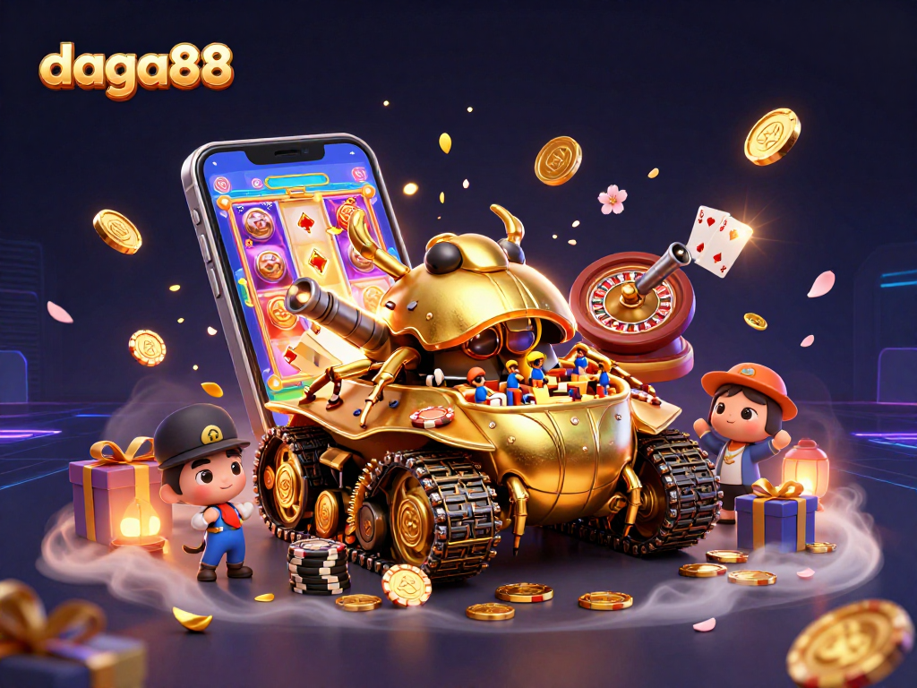 Dive into the action at daga88 with this vibrant casino-themed illustration showcasing a golden beetle tank and casino elements.