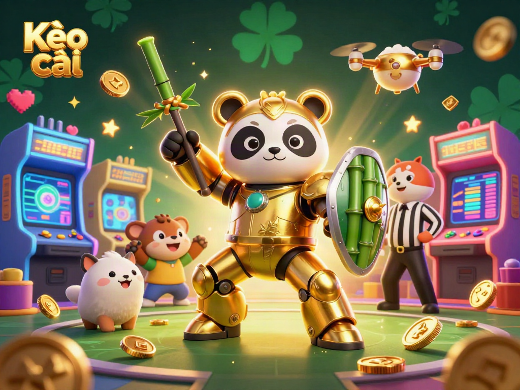 Kèo nhà cái showcases dynamic sports betting action with a golden panda mech-suit and colorful arcade elements.