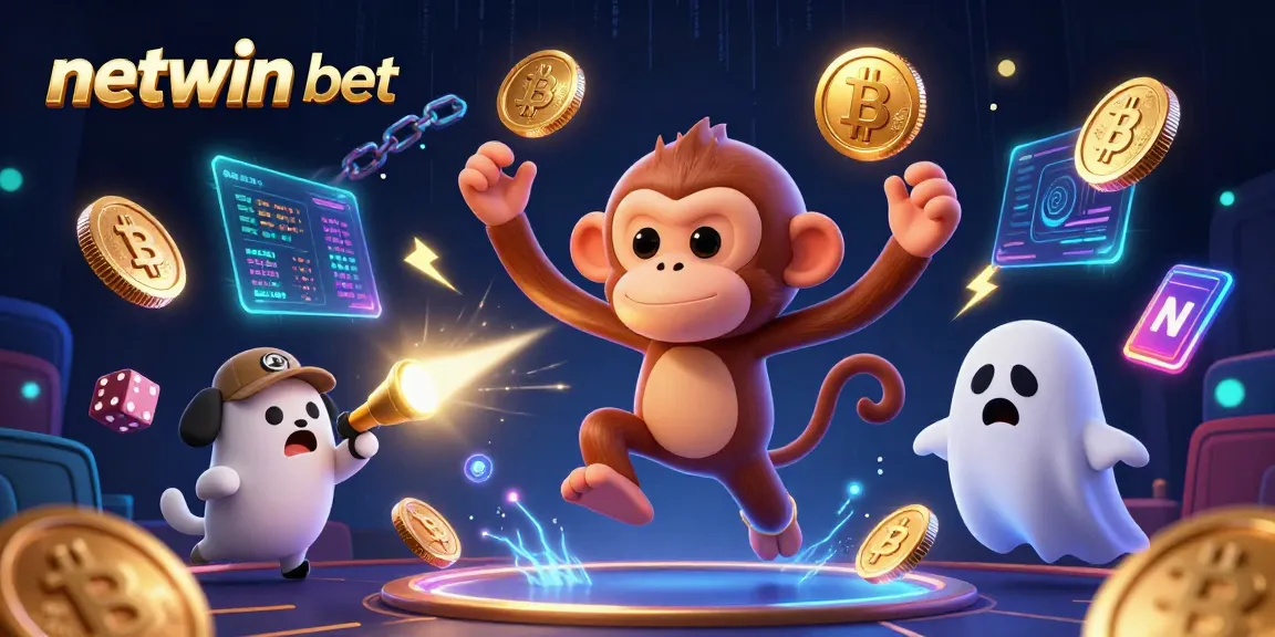 Engage with netwin bet's vibrant casino scene featuring playful monkey and ghost-hunter puppy.
