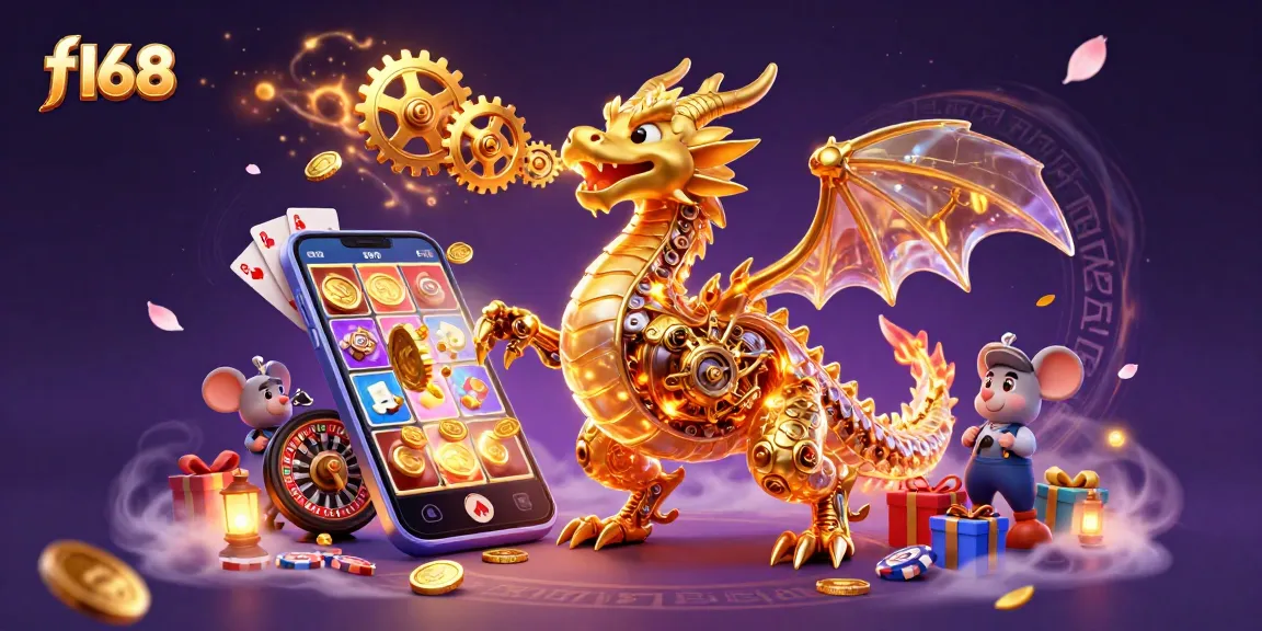 f168 gamers engage in thrilling slots with a biomechanical dragon and dynamic gaming elements.