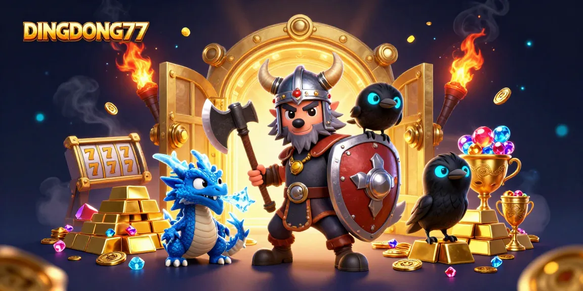 DINGDONG77 logo shines as a Viking wolf warrior leads a dynamic online slot gaming scene.