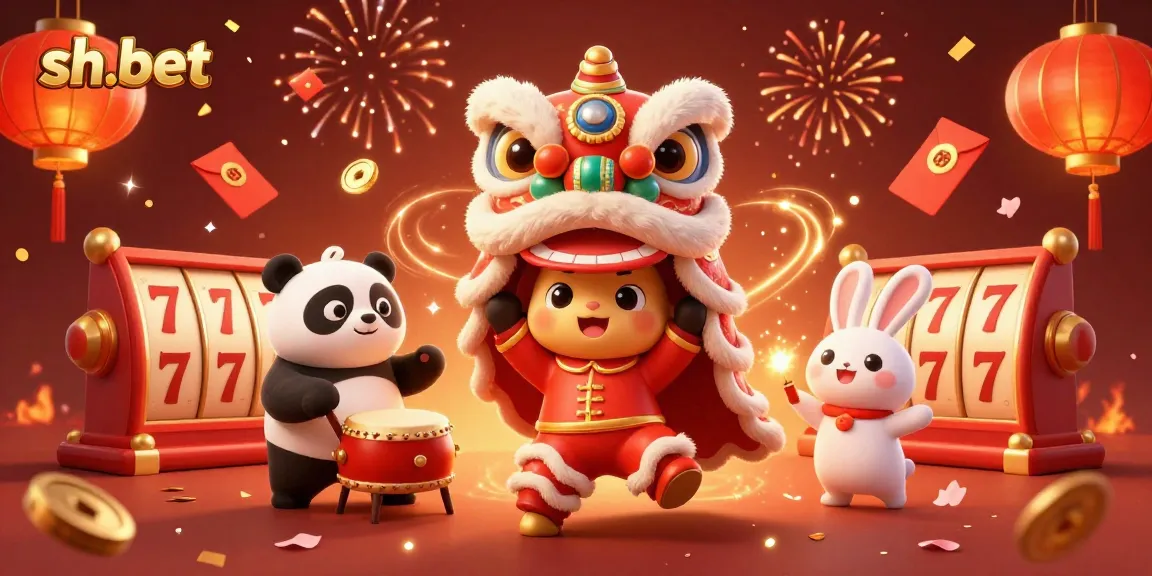 Experience the excitement of sh-bet with vibrant lion dance, slot reels, and festive decorations.
