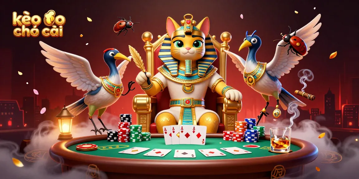 Engage in kèo nhà cái at a vibrant casino scene featuring an Egyptian pharaoh and poker elements.