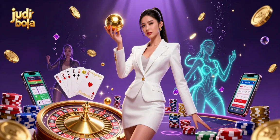 Engage in judi bola betting with dynamic illustration featuring Asian woman in tuxedo, roulette ball, and casino elements.
