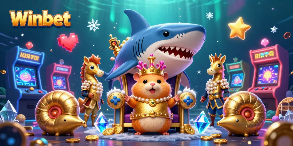 Winbet offers a vibrant casino experience featuring a golden hamster king amidst colorful gaming elements.