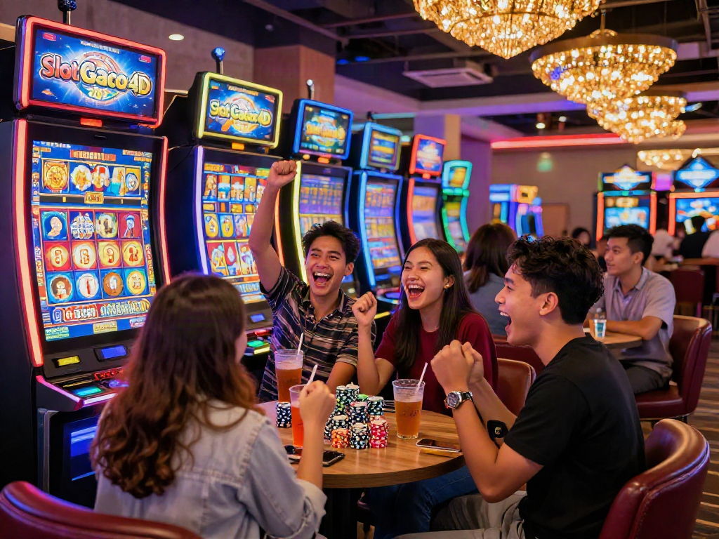 Friends celebrating their win at Slot Gacor 4D in a vibrant casino atmosphere.