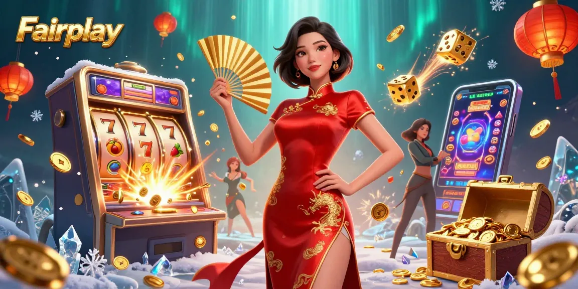 Experience Fairplay with dynamic casino elements, featuring a confident Asian woman surrounded by slot games and gold coins.