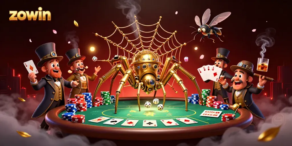 Zowin players strategizing at the poker table, surrounded by golden spider web and chips