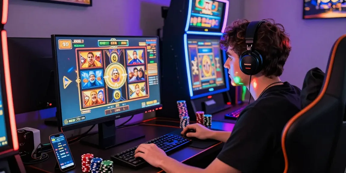 Pengguna situs slot gacor memainkan mesin slot online dengan atmosfer yang energik dan grafis yang hidup.